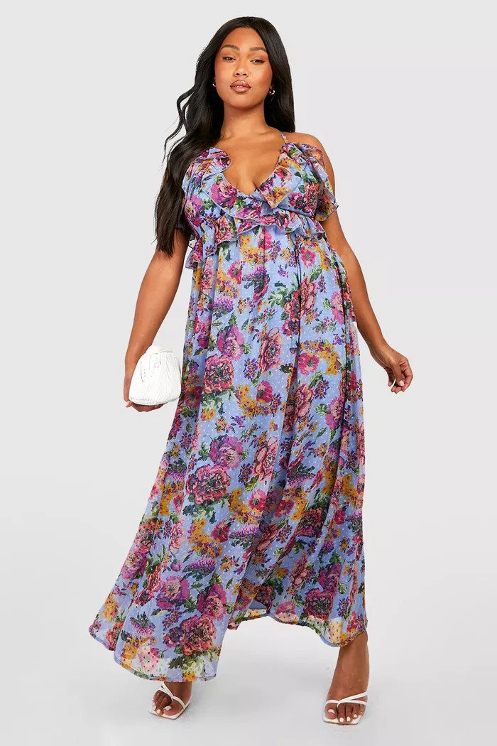 Plus Floral Printed Dobby Mesh Ruffle Maxi Dress | Boohoo.com (US & CA)