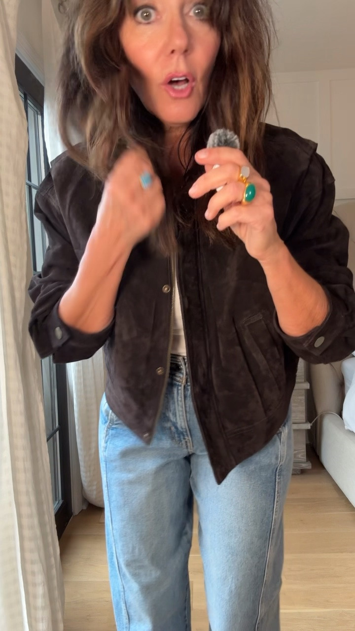 Insanely good fall really suede bomber packet in chocolate brown -also available in tan suede 
Wearing size large just to have more room for sweaters - amazing quality and style size 6 in the jeans - so flattering!!! 
@Walmart #walmartpartner

#LTKmomlife #LTKWorkwear #LTKTravel