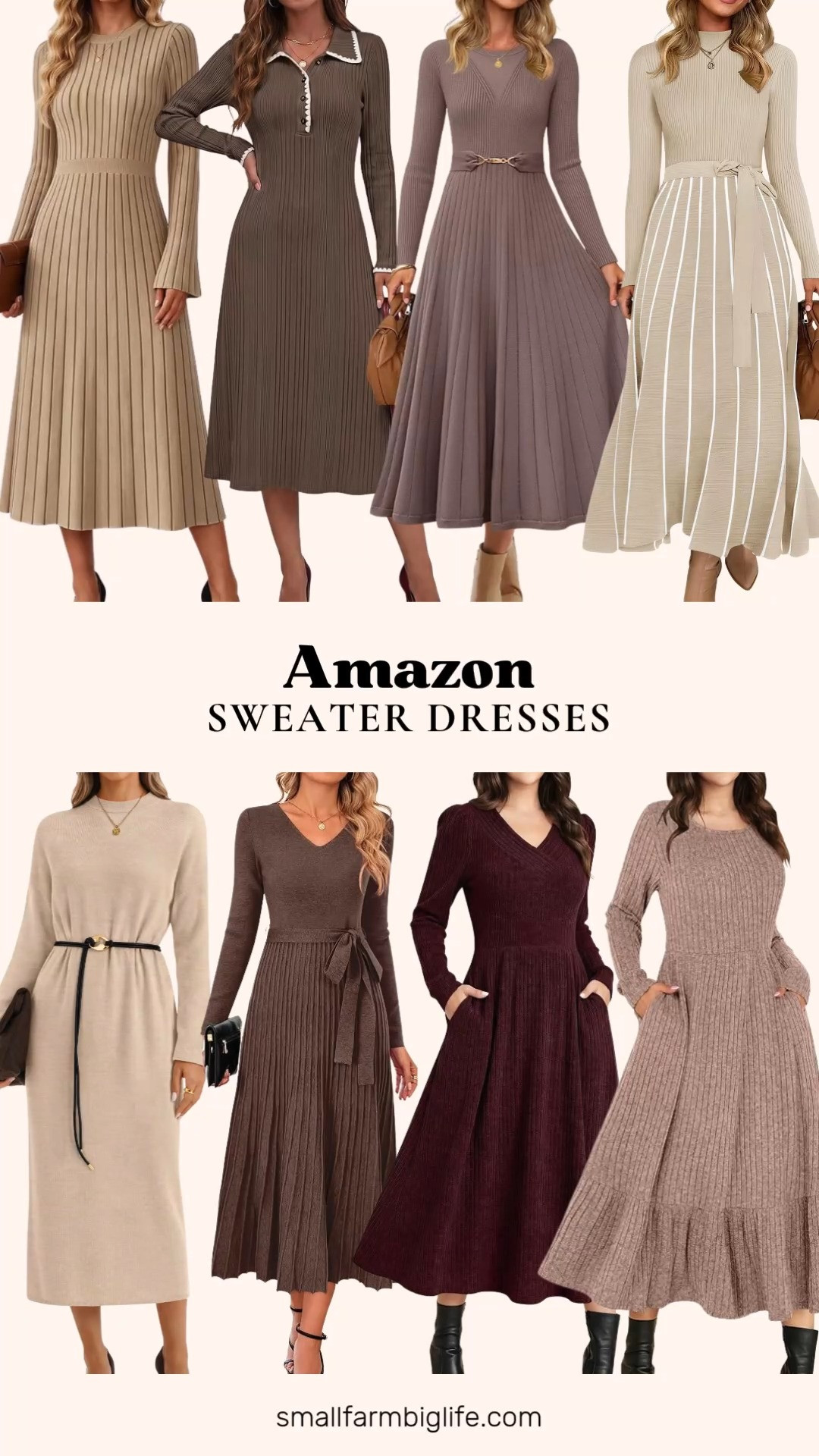 Sweater dresses are the easiest way to look put together this fall, and this lineup covers everything from office ready to date night.

For a polished silhouette, the heather oatmeal MEROKEETY chunky knit midi dress has a mock neck and slim fit with an adjustable waist belt that works for the office or a semi formal event. The taupe ZESICA pleated midi sweater dress has a removable belted waist and flowy A line skirt in a soft knit fabric, and the coffee brown heather Arach&Cloz wool blend dress brings a tie waist, pleated A line skirt with a v neck for a dressier, elevated look.

For everyday wear, the khaki Wenrine midi sweater dress has bell sleeves and an elastic waist in a ribbed knit with contrast trims, while the burgundy ANRABESS ribbed knit dress has an empire waist and pockets, soft and stretchy enough for date night or a regular work day. The tan heather ANRABESS crewneck dress is a flowy, swing style A line in a soft rib knit that is easy to dress up or down.

For something with more structure, the brown Dokotoo ribbed knit dress has a polo collar, v neck, and button up front for a slim fit, color block look. And for cold weather, the beige ZESICA turtleneck maxi dress has a soft ribbed knit with a tie waist that is elegant enough for a fall wedding guest look.

#falloutfits #sweaterdress #fallfashion #amazonfashion #amazonfinds #founditonamazon #amazonmusthaves 

 #LTKootd #LTKOver40 #LTKWorkwear