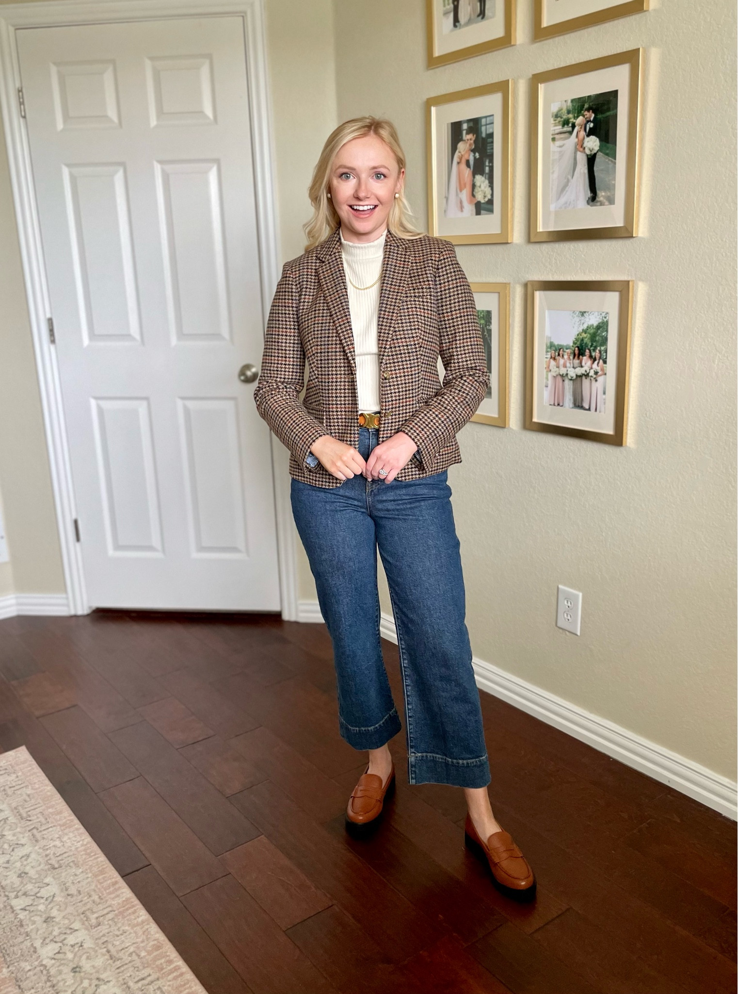 Wearing a 26P in jeans and 2P in blazer | wide leg jeans, plaid blazer, fall outfit, fall fashion, preppy fall outfit, classic fall outfit, loafers 

#LTKSeasonal #LTKfindsunder100 #LTKstyletip