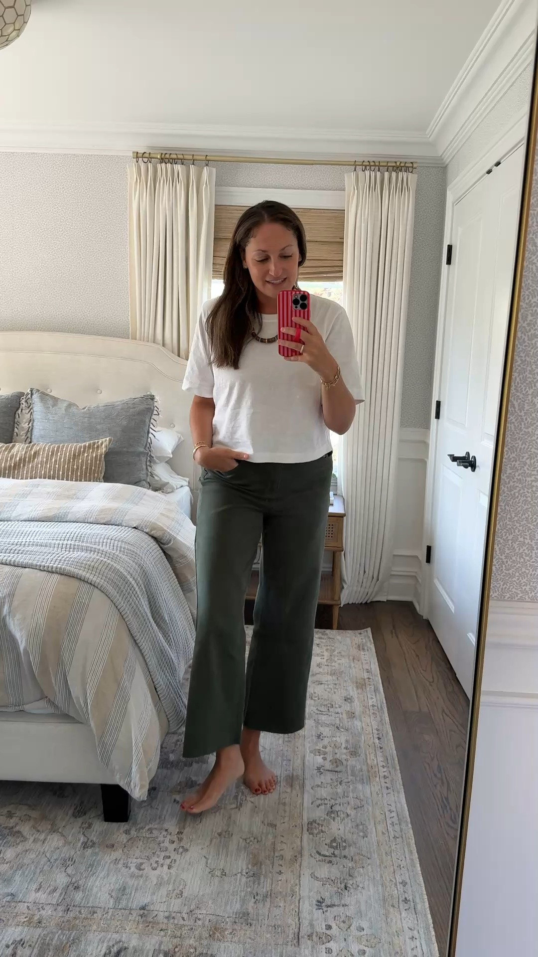Today’s OOTD: School dropoff and then running to a few meetings! My favorite boxy tee from @Anthropologie , these new olive green pants (stretchy, feel great on, love the raw hem) and a statement necklace. 

business casual workwear, fall outfit, transitional outfit, fall look, Anthropologie, Avara, Baublebar

#LTKootd #LTKOver40 #LTKSeasonal
