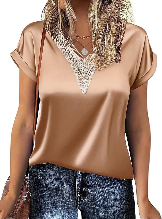 Chigant Short Sleeve Silk Shirt for Women Loose Satin Blouse Guipure Lace V Neck Silk Tops S-XXL | Amazon (US)