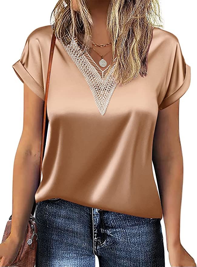 Chigant Short Sleeve Silk Shirt for Women Loose Satin Blouse Guipure Lace V Neck Silk Tops S-XXL | Amazon (US)