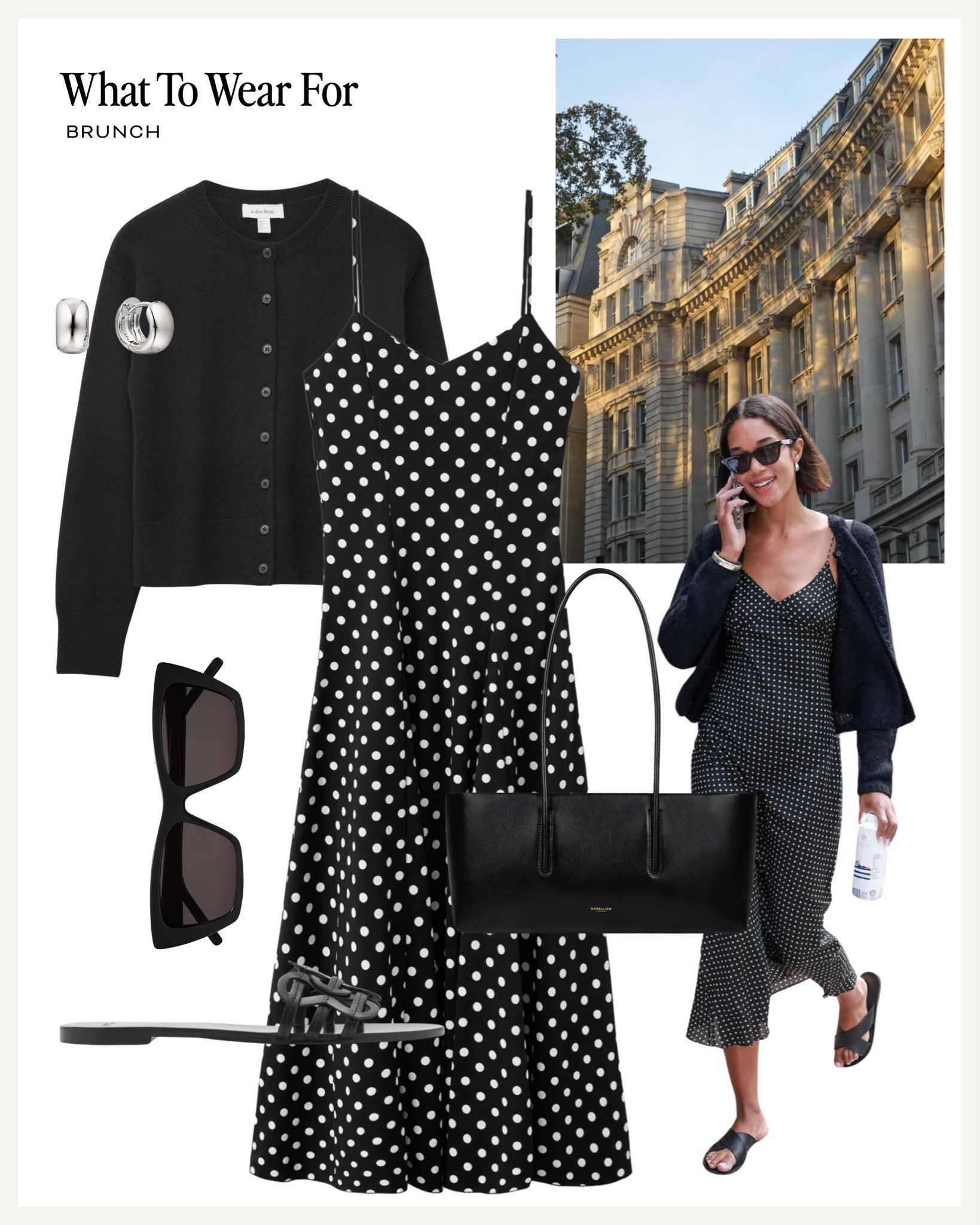 A lunch date 🍷 

Summer dress, polka dot dress, black cardigan, demellier bag, elegant outfits, effortlessly chic

#LTKsummer