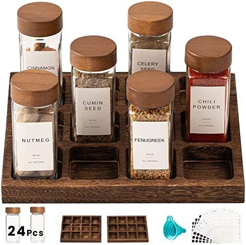 2pcs Wood Spice Racks with Spice Jars Glass Empty Yangbaga 24pcs Spice Jars with labels with & Ra... | Amazon (US)