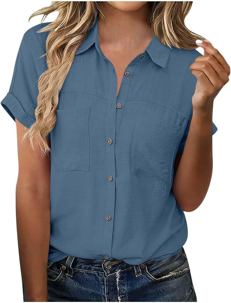 SMIDOW Womens Linen Tops Dressy Casual 2026 Short Sleeve Button Down Collared Tunic Shirts Summer... | Amazon (US)