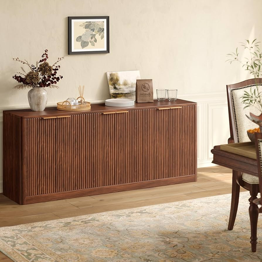 Evermagin 67" Fluted Walnut Buffet Cabinet Sideboard with Storage, Large Credenza with 6 Doors, W... | Amazon (US)