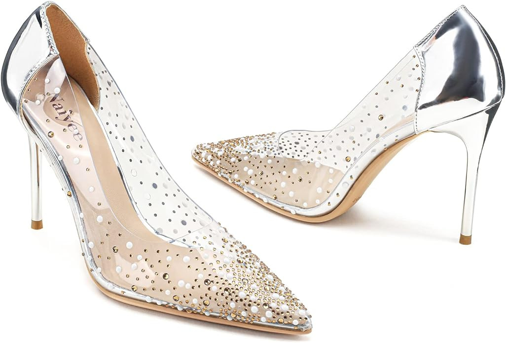 Naiyee Women's High Stiletto Heel, PVC Pumps Crystal Rhinestones 100mm Clear Heels Closed Pointed... | Amazon (US)