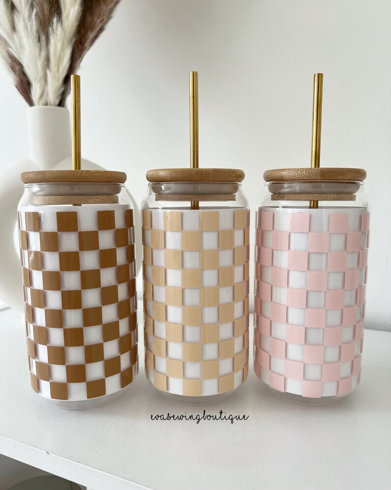 Beer Coffee Glass Can, 20oz, CHECKMATE Checkered Glass Can w/Bamboo Lid, Aesthetic TikTok Trendy ... | Etsy (US)