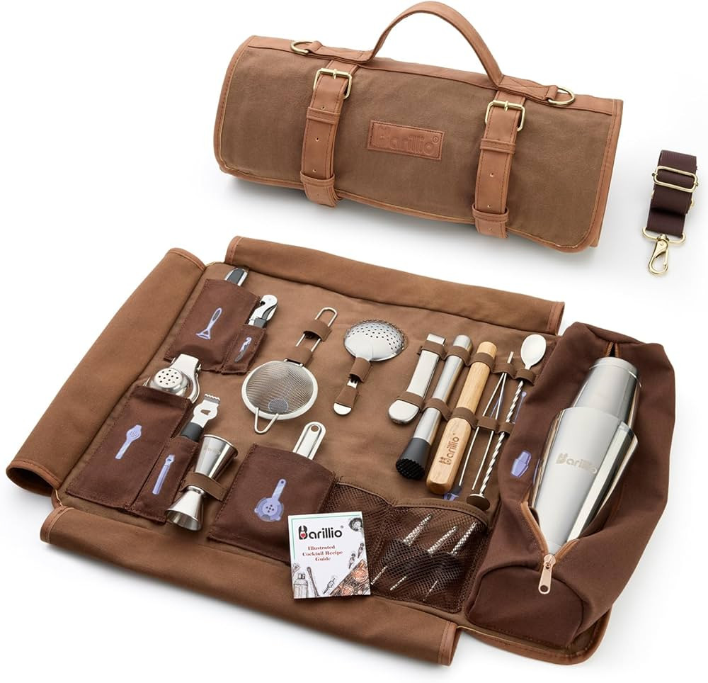 Barillio Bartender Kit Bag with Cocktail Shaker Set - Waxed Canvas, Traveling Bar Tools Bag with ... | Amazon (US)