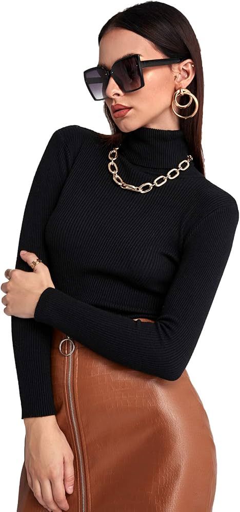 SweatyRocks Suéter de punto acanalado de manga larga con cuello alto para mujer | Amazon (US)