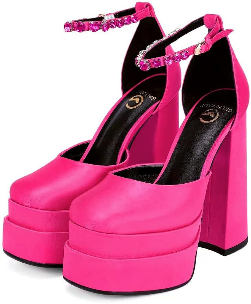 Women's Chunky Block Heels Platform Shoes Closed Toe Thick Heel Pumps of Ankle Strip with Rhinest... | Amazon (US)