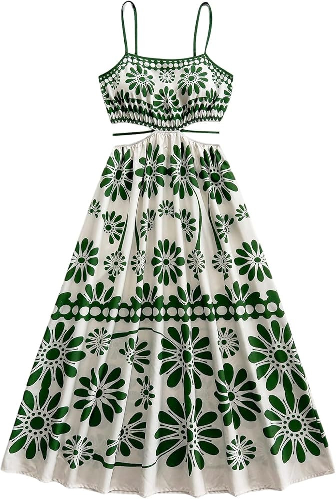 Floerns Women's Cut Out Tropical Spaghetti Strap Midi Dress Beach Vacation Flowy Dresses | Amazon (US)