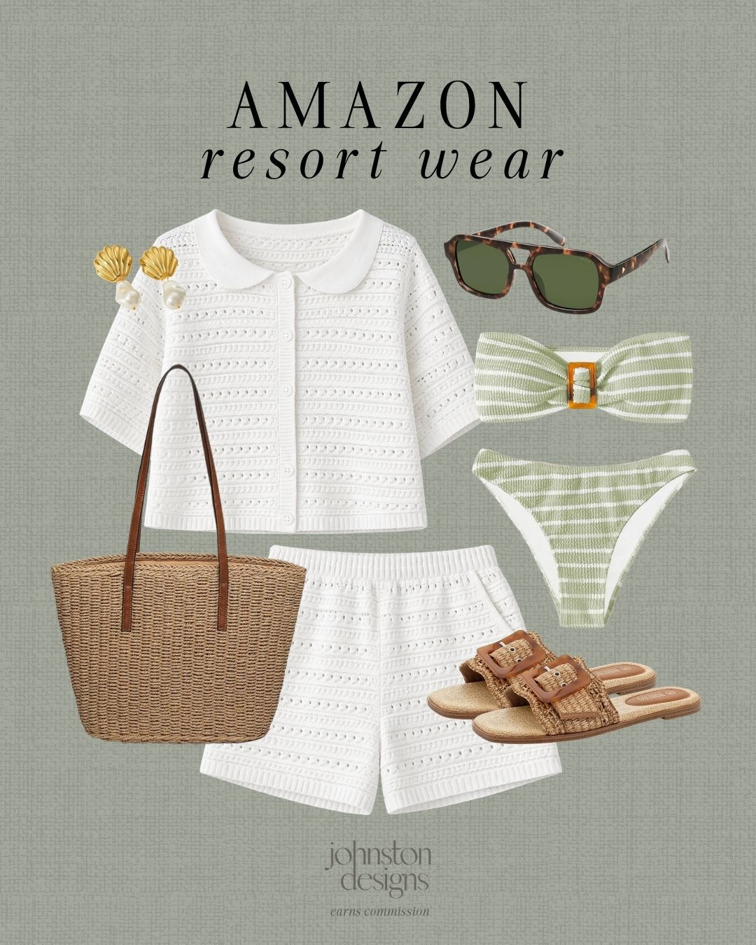 Amazon resort wear outfit inspo with a white eyelet matching set featuring a short sleeve button top and relaxed shorts in a lightweight breathable fabric, styled with a green striped bikini, woven tote bag and raffia slide sandals, finished with tortoise sunglasses and gold shell earrings for a clean coastal look. ☀️

#amazonoutfitinspo #resortwearstyle #beachoutfitideas #summeroutfitinspo #coastaloutfit #vacationstyle #amazonfashionfinds #neutraloutfitideas #poolsideoutfit #ltkstyle #lookforless 

 #LTKootd #LTKSwim #LTKTravel