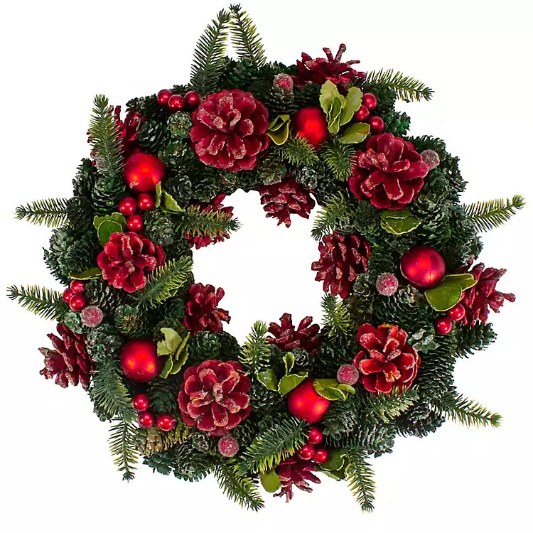 Frosted Red Ornament and Pinecone Wreath | Kirklands