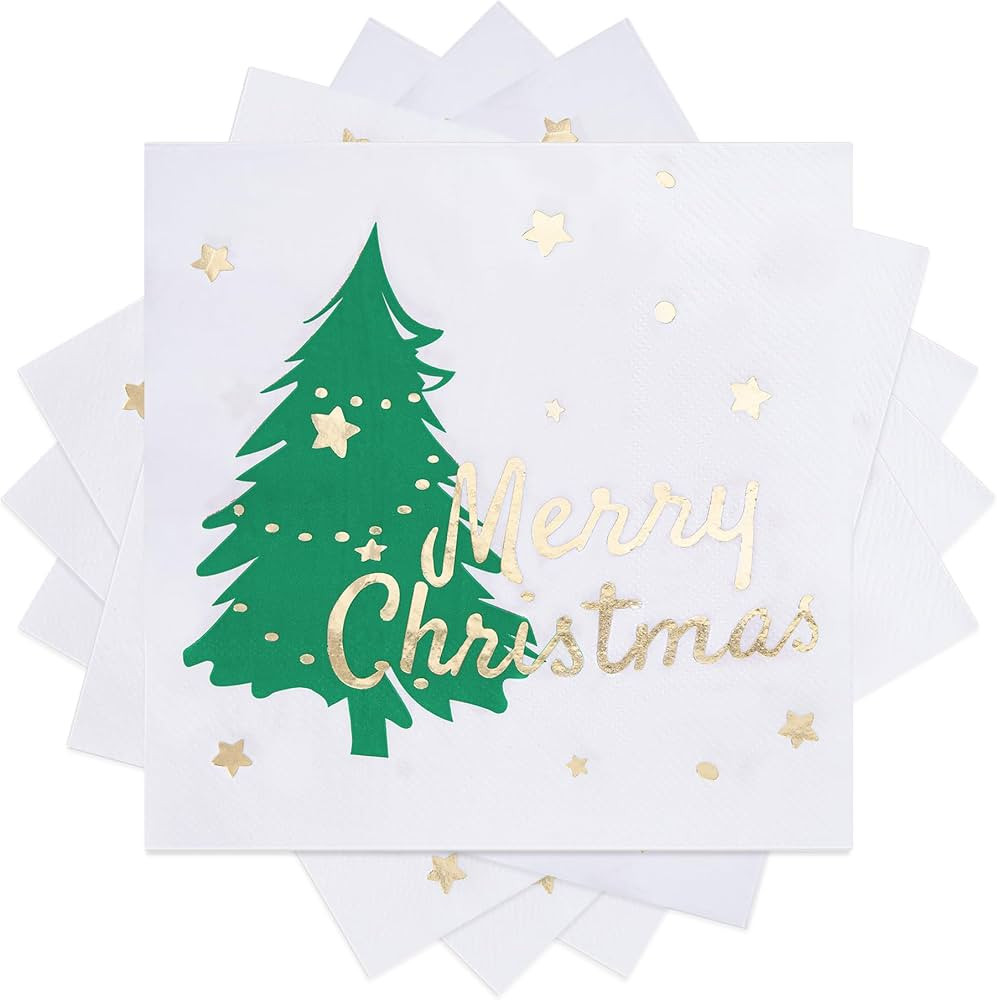 80 Pcs Christmas Napkins Disposable Printed Xmas Tree Cocktail Napkins Guest Paper with Gold Foil... | Amazon (US)
