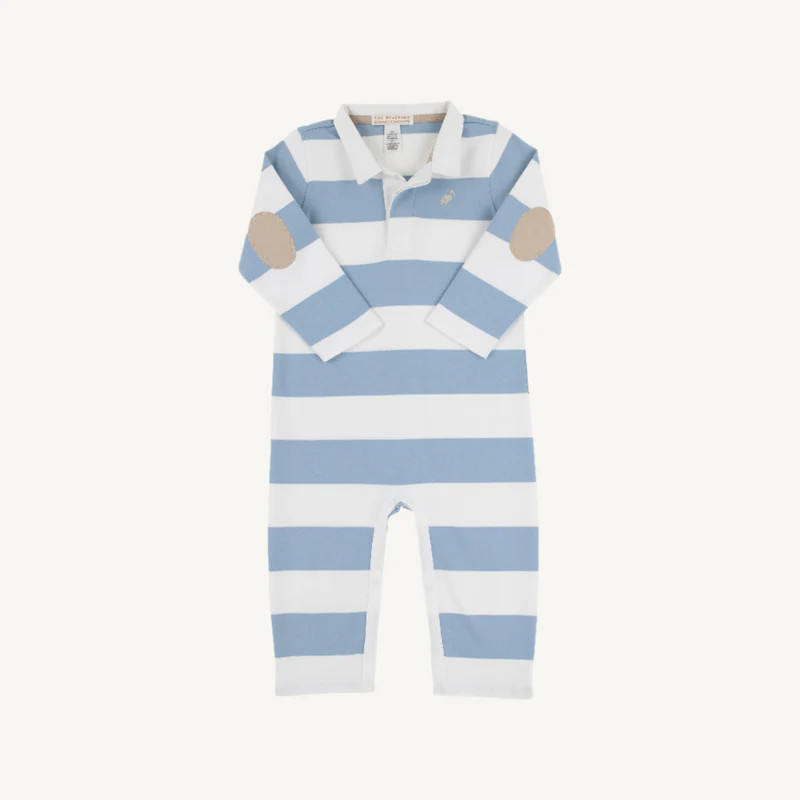 Sir Proper's Rugby Romper - Barrington Blue Stripe with Keeneland Khak | The Beaufort Bonnet Company