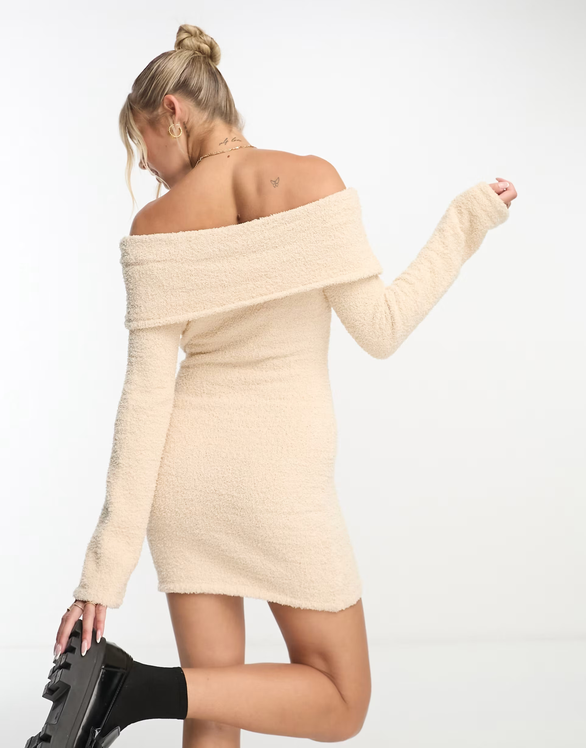 The Frolic fluffy supersoft off shoulder mini dress in beige | ASOS (Global)