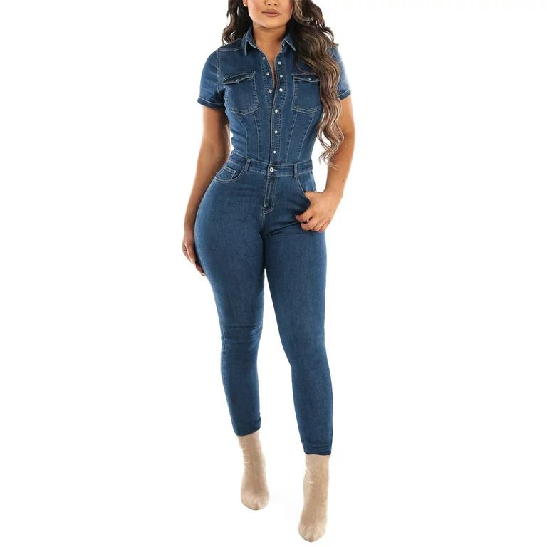 Alueeu Women Jeans Pants Tight Fitting Button Jumpsuits Poled Distressed Casual Fit Jumper Dress ... | Walmart (US)