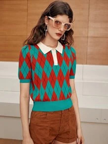 SHEIN EZwear Button Half Placket Argyle Knit Top SKU: swtop07200616542(1000+ Reviews)$22.00$20.90... | SHEIN