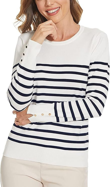 Spicy Sandia Women's Lightweight Long Sleeve Crew Neck Sweaters Striped Casual Knit Pullover Tops | Amazon (US)