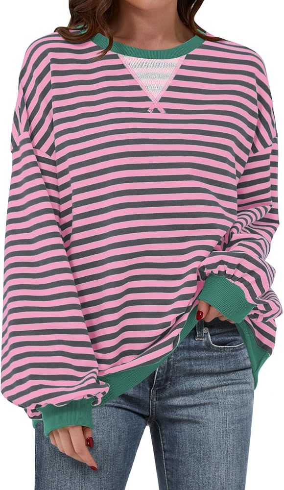 ANRABESS Women Striped Oversized Sweatshirt Long Sleeve Crewneck Hoodies Shirts 2024 Fall Pullove... | Amazon (US)