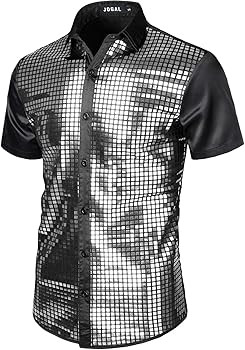 JOGAL Mens 70s Disco Costume Silver Sequins Short Sleeve Button Down Shirts | Amazon (US)