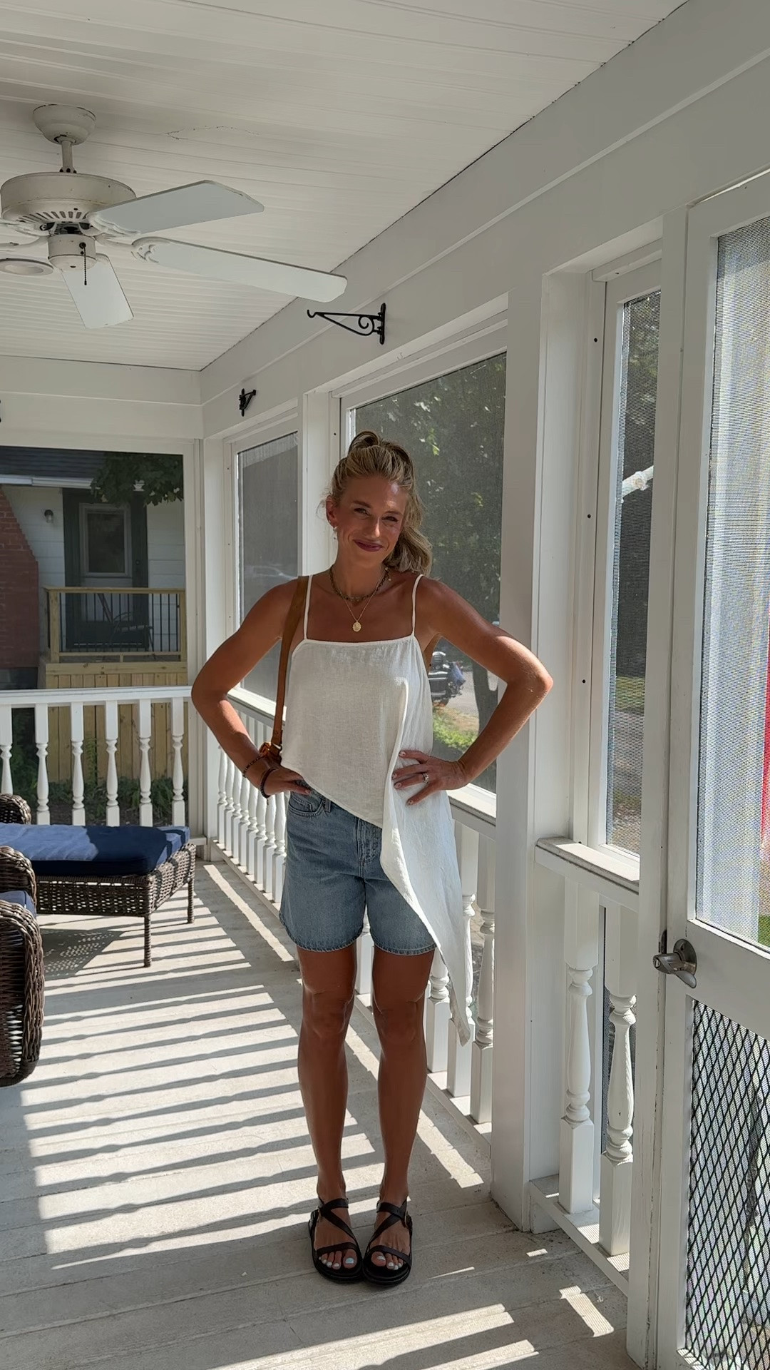 Heading to a summer festival and this is what I’m wearing from three people in Aritzia. I love this floaty linen asymmetrical Top. I’m wearing size small the straps are adjustable. Wearing my true size in these mid thigh denim shorts.

#LTKootd #LTKTall #LTKTravel