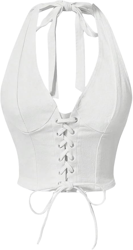 Women's Backless Sleeveless Halter Top Lace Up Front Tie Back Deep V Neck Slim Fit Crop Tops | Amazon (US)