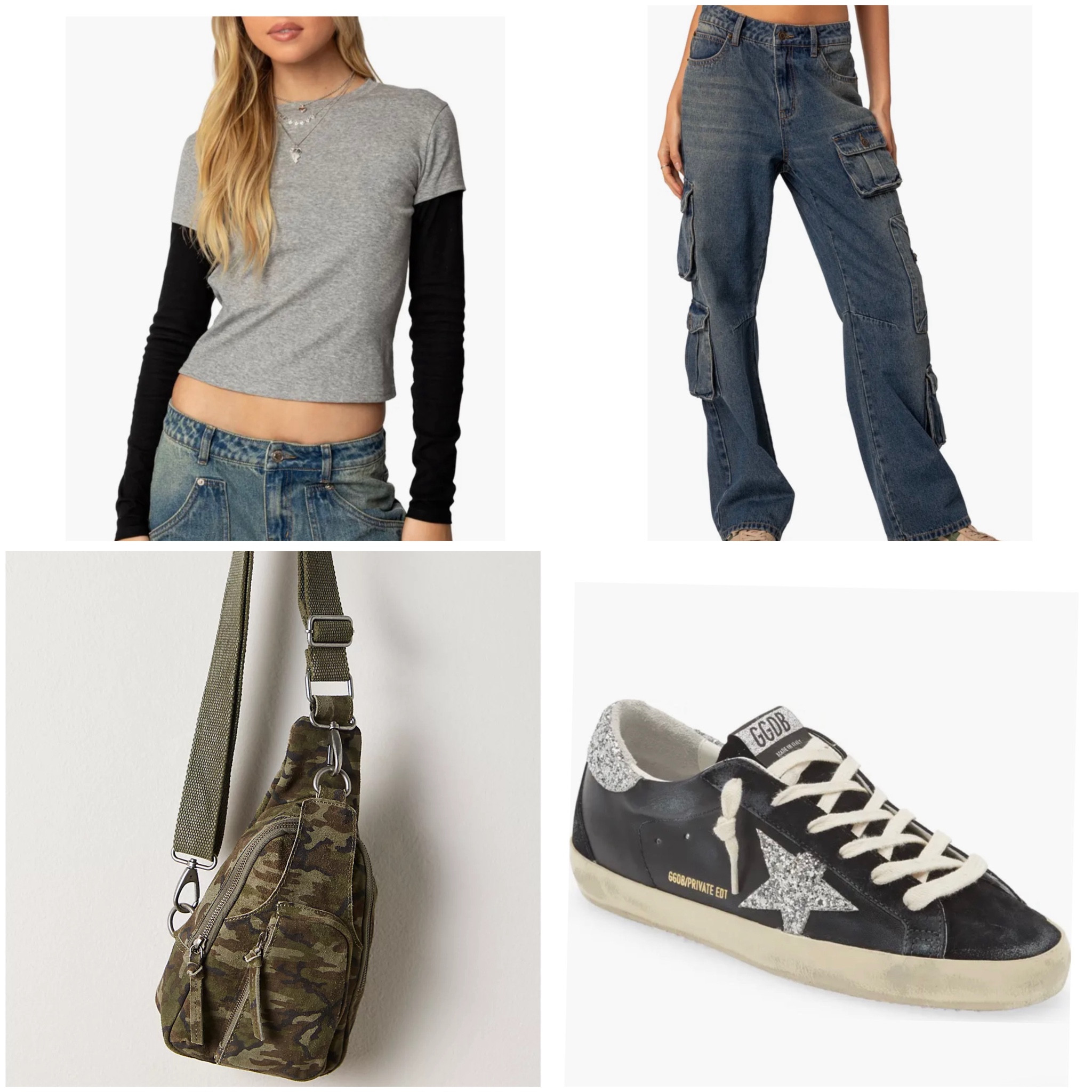 A casual outfit inspo with a layered top, baggy jeans and camouflage sling bag and cool sneakers. 

#LTKPetite #LTKShoeCrush #LTKStyleTip