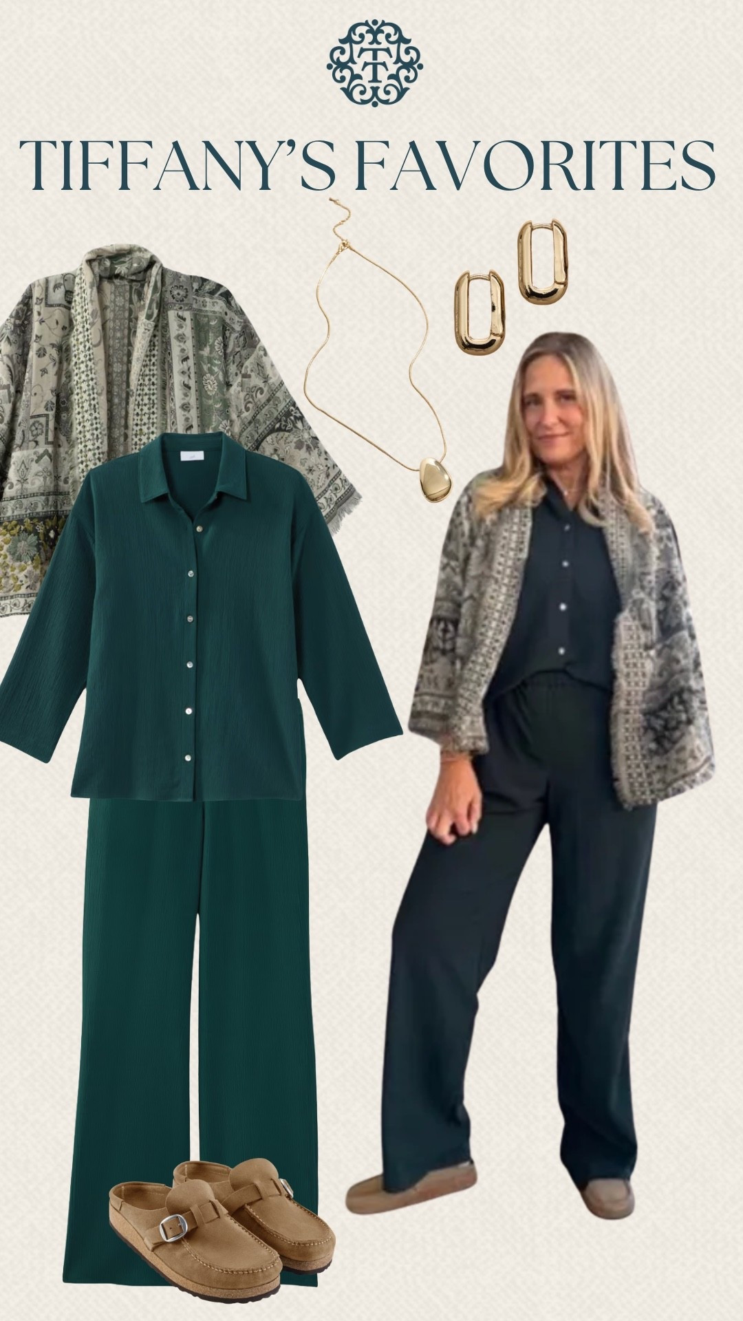 Tiffany’s Favorites are bringing us a great matching set from J. Jill in a rich deep green. The patterned jacket adds a fun layer, while the neutral clogs and gold jewelry keep the look balanced. This would be a great outfit for a fall day at the office, lunch, or running errands.

#LTKSeasonal #LTKOver40 #LTKMidsize