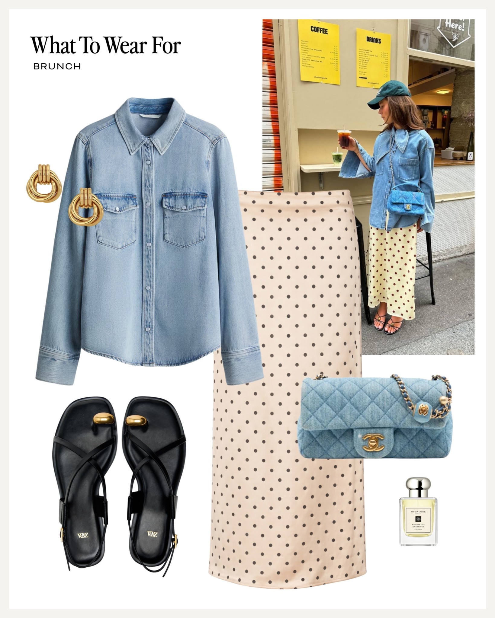 Brunch ☕️ 

Polka dot skirt / spring fashion / black sandals / denim Chanel bag / denim shirt 

#LTKuk #LTKstyletip #LTKspring