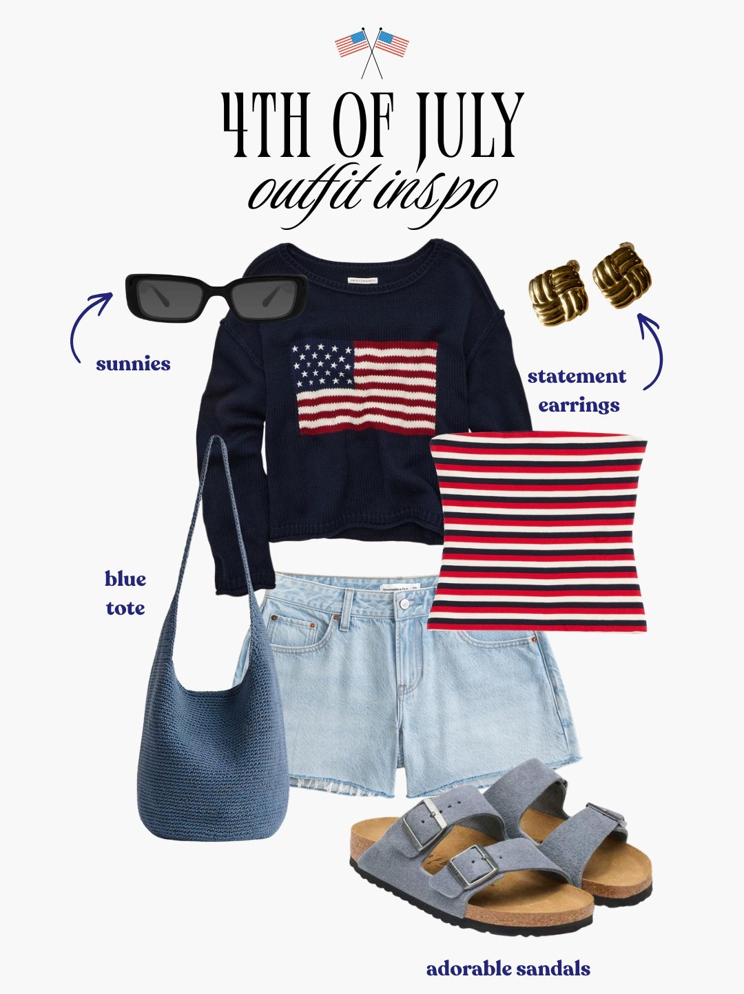[6/30/26] 4th of July outfit inspo for a casual day out—cute, comfy, and still festive. I love the mix of the flag sweater, easy denim shorts, and red, white, and blue details for a laid-back summer look.

#LTKgrwm #LTKootd #LTKSeasonal