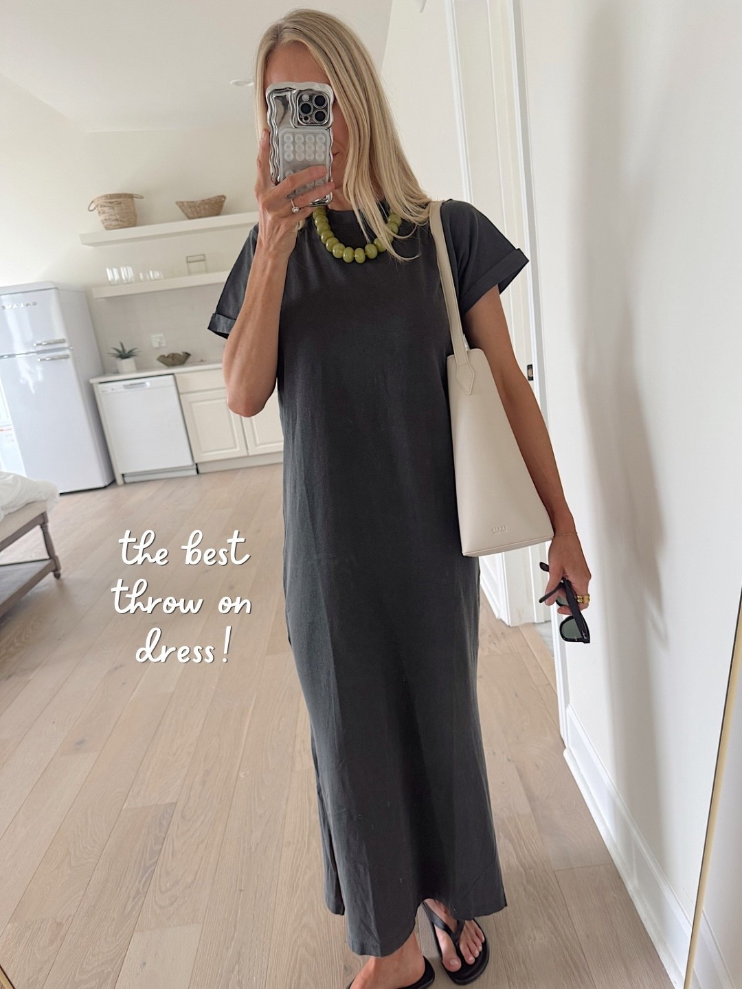 The perfect casual summer dress!! 

Dress - size small and comes in several colors!
Cream handbag, black sandals, summer necklaces