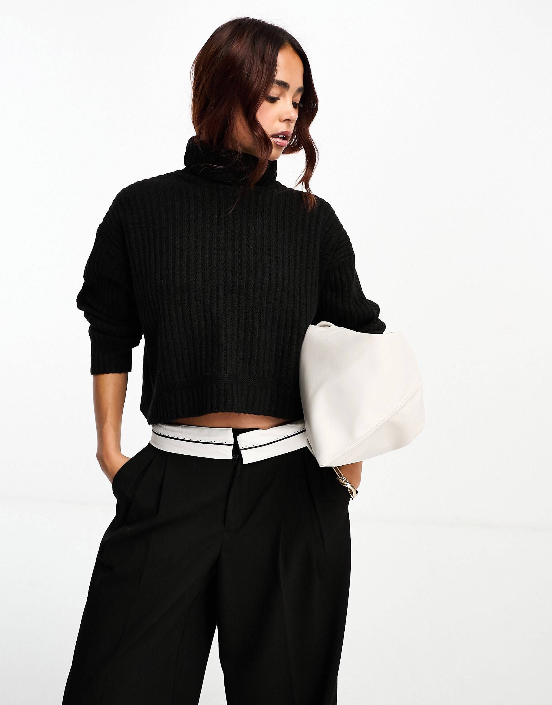 ASOS DESIGN boxy sweater in rib with roll neck in black | ASOS (Global)