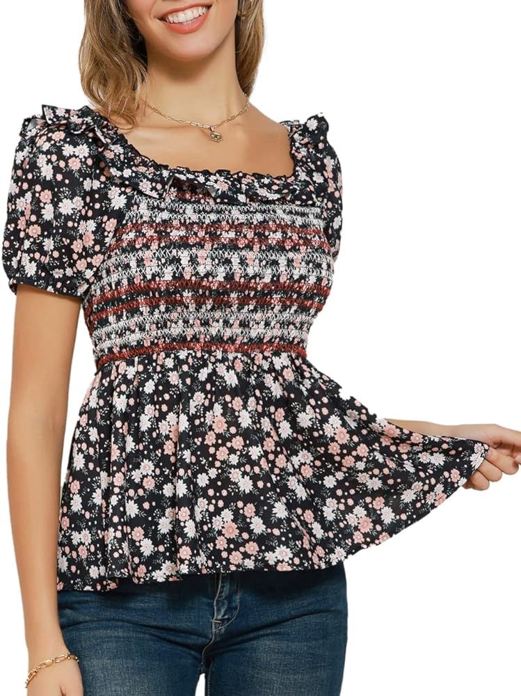Women's Square Neck Tops Floral Ruffle Hem Shirred Smocked Short Sleeve Peplum Blouse Shirt S-XXL | Amazon (US)
