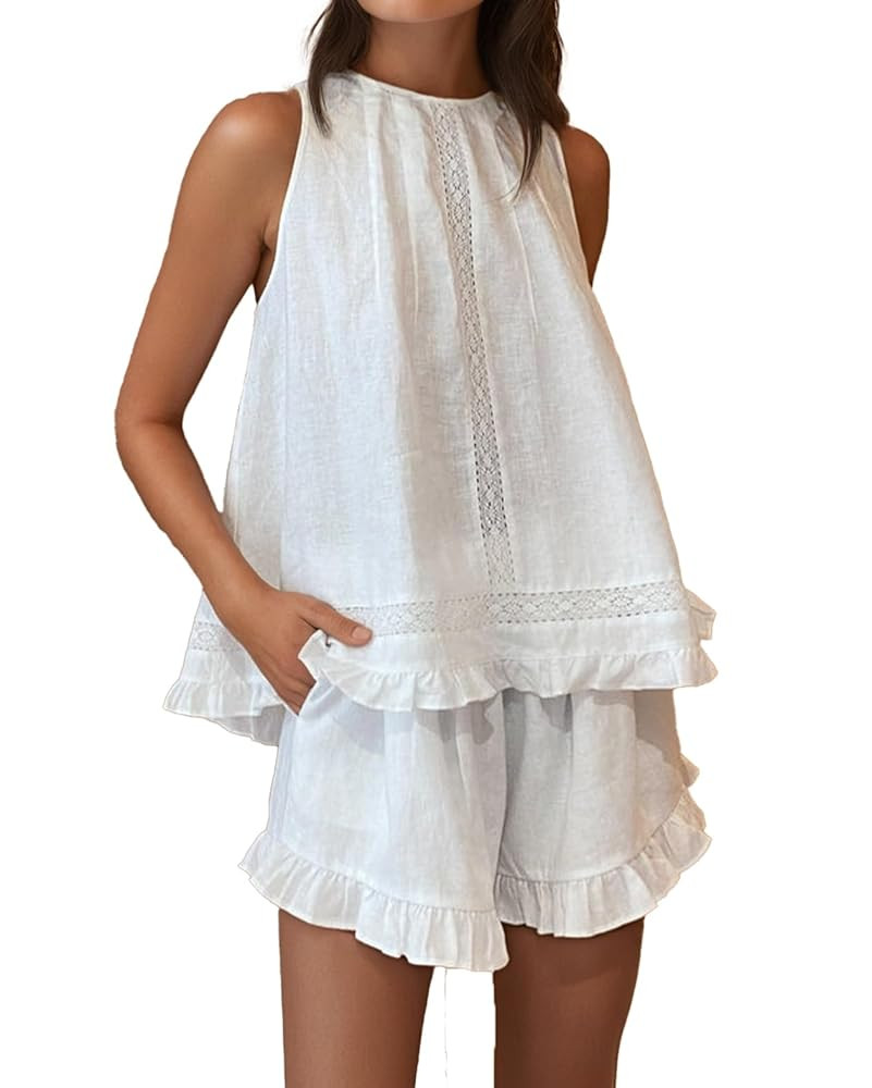 Womens Ruffle Pajama Sets Cotton 2 Piece Sets Summer Sleeveless Lace Trim Top and Shorts | Amazon (US)