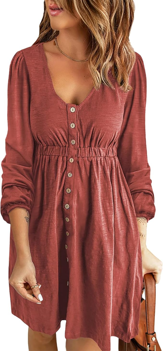 BTFBM Women 2023 Casual Button Down Summer Fall Dresses Long Sleeve Crew Neck Solid High Waist Sh... | Amazon (US)