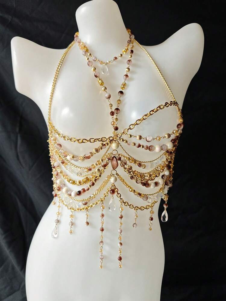 Unisex Sexy Body Chain, Pearl Necklace Lingerie, Alluring Exotic Transparent Bra Decor, Suitable For Party, Holiday, Nightclub, Music Festival | SHEIN