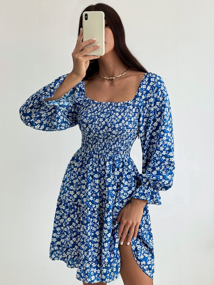 Ditsy Floral Print Flounce Sleeve Shirred Dress | SHEIN