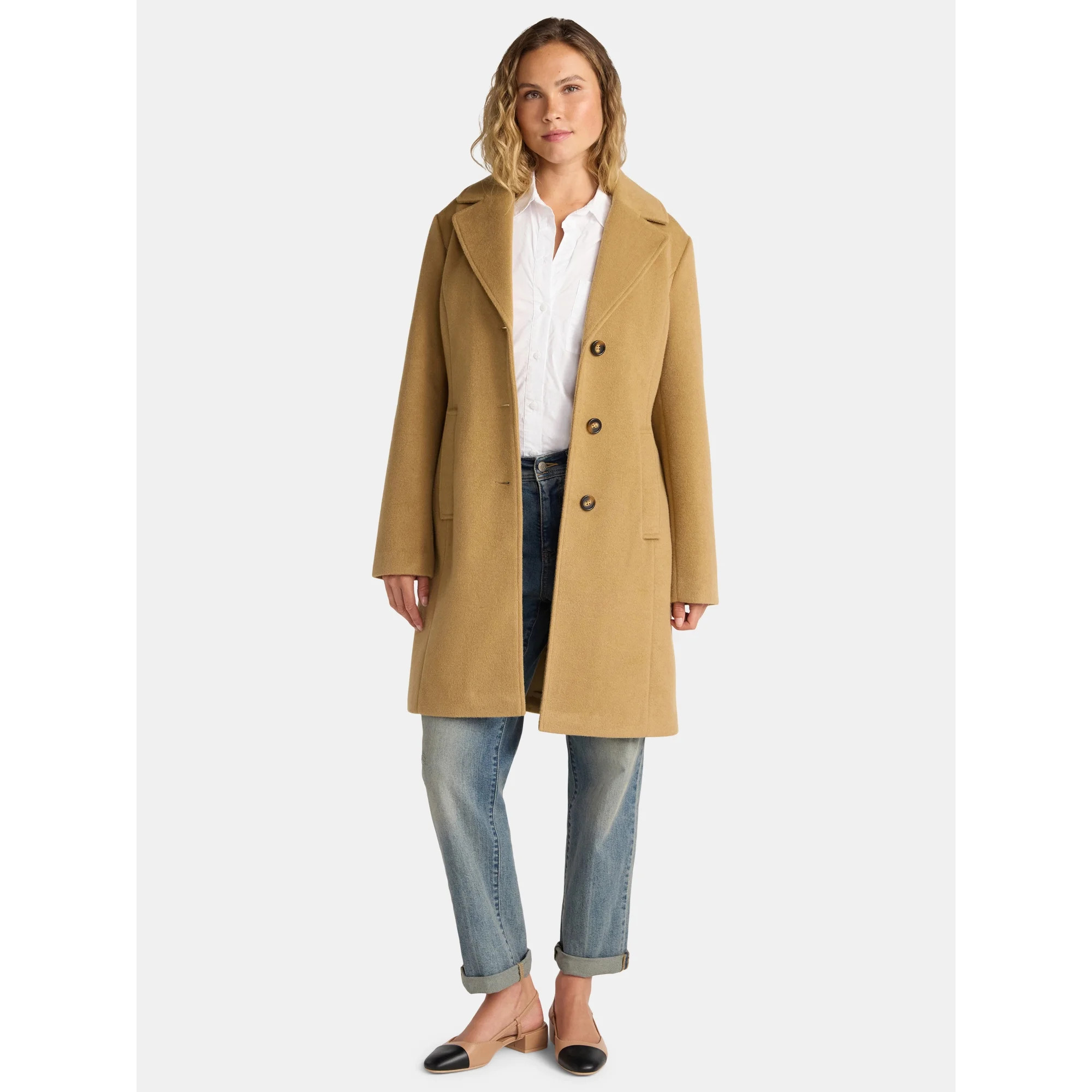 Time and Tru Women's and Women's Plus Faux Wool Boyfriend Coat, Sizes XS-2X | Walmart (US)