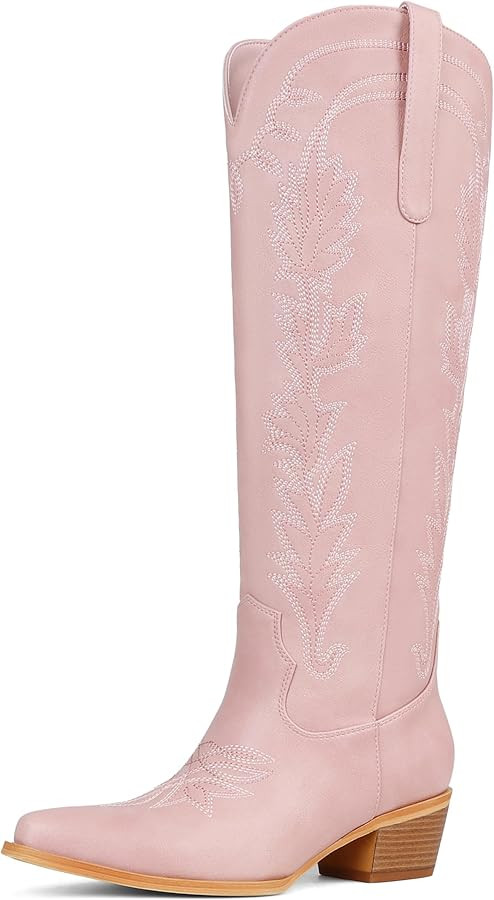 femflame Black Cowboy Boots for Women Knee High Boots with Pointed Toe Chunky Heel Pull On Zipper... | Amazon (US)