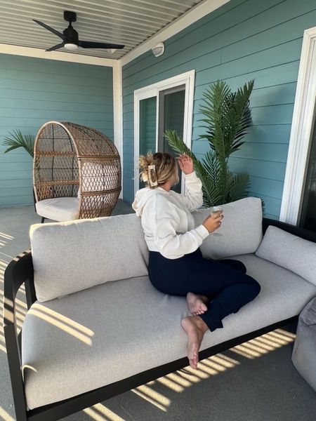 This patio might be my favorite place! Patio furniture, outdoor furniture, casual outfit, loungewear, alo yoga, beyond yoga, costa farms, outdoor plants, patio couch, patio chair, wicker outdoor chair

#LTKfamily #LTKActive #LTKhome