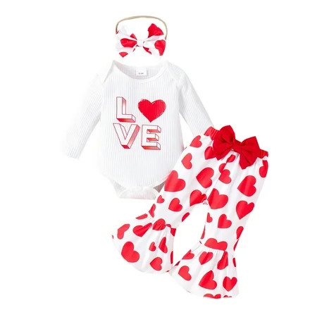 Toddler Girls Summer Outfit Long Sleeve Valentine S Day Romper Bodysuit Heart Prints Bell Bottoms Pants Outfits White 3M | Walmart (US)