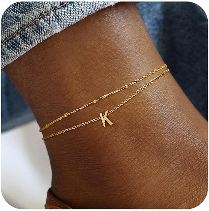Turandoss Initial Ankle Bracelets for Women Trendy - 14K Gold Plated Layered Bead Chain Ankle Bra... | Amazon (US)