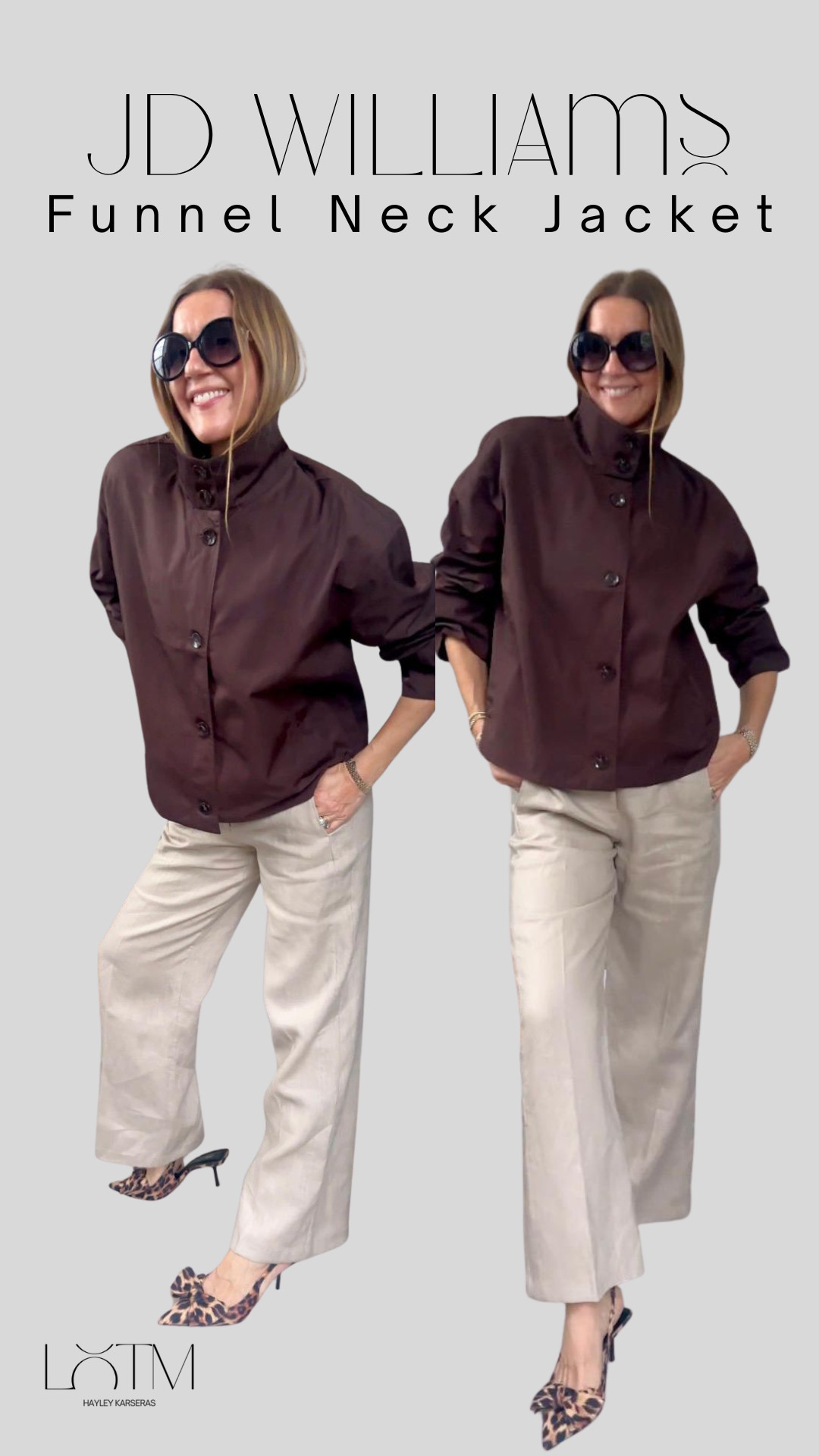 This chocolate brown funnel neck jacket/coat is from JD Williams. the perfect lightweight layer. button detailing water resistant. Perfect length for any outfit. 
Worn with JD Williams linen trousers and leopard print slingback heels!  

 #LTKuk #LTKspring #LTKstyletip
