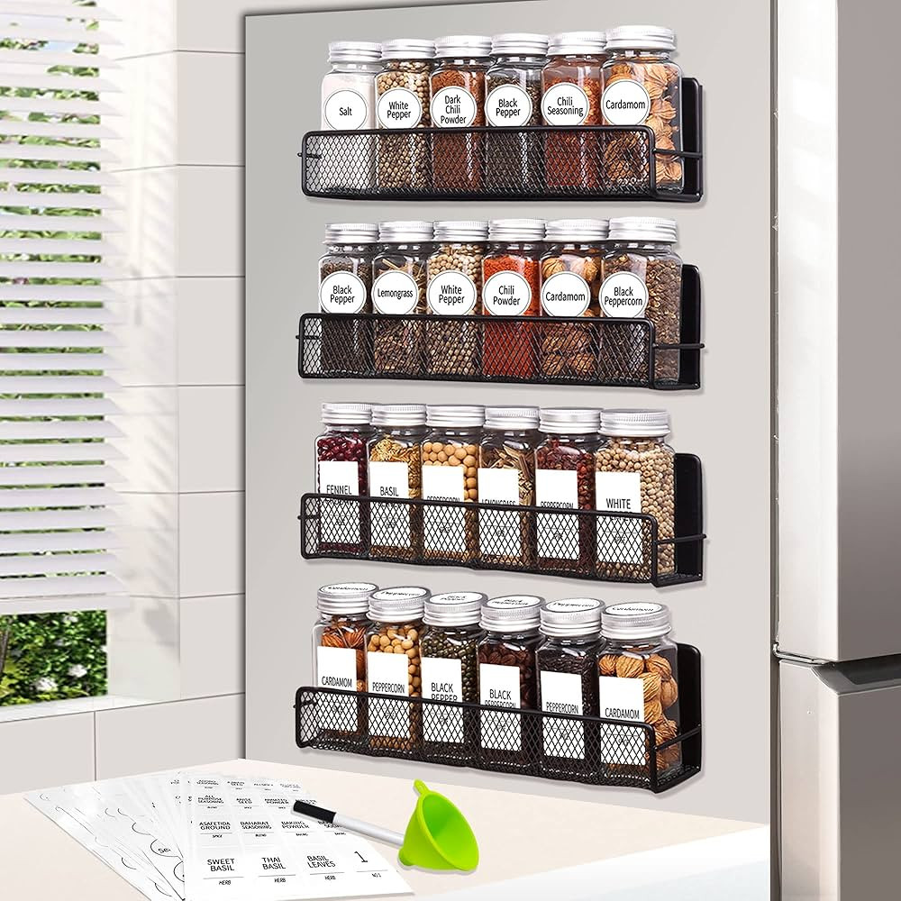 Churboro 4 Pack Magnetic Spice Rack Organizer with 24 Glass Spice Jars-Moveable Magnetic Shelf fo... | Amazon (US)