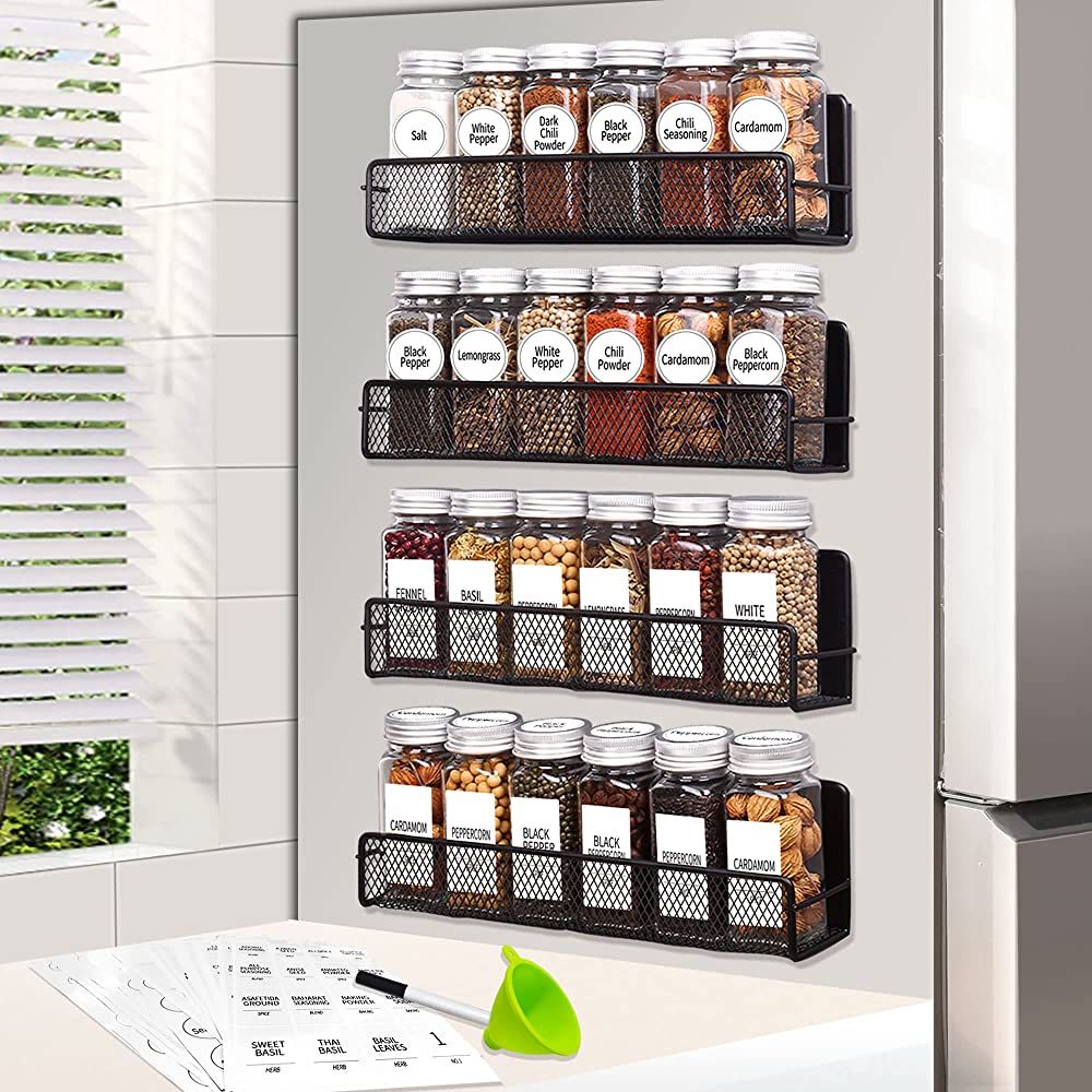 Churboro 4 Pack Magnetic Spice Rack Organizer with 24 Glass Spice Jars-Moveable Magnetic Shelf fo... | Amazon (US)