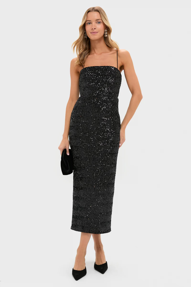 Black Sequin Carmen Column Midi Dress | Tuckernuck (US)