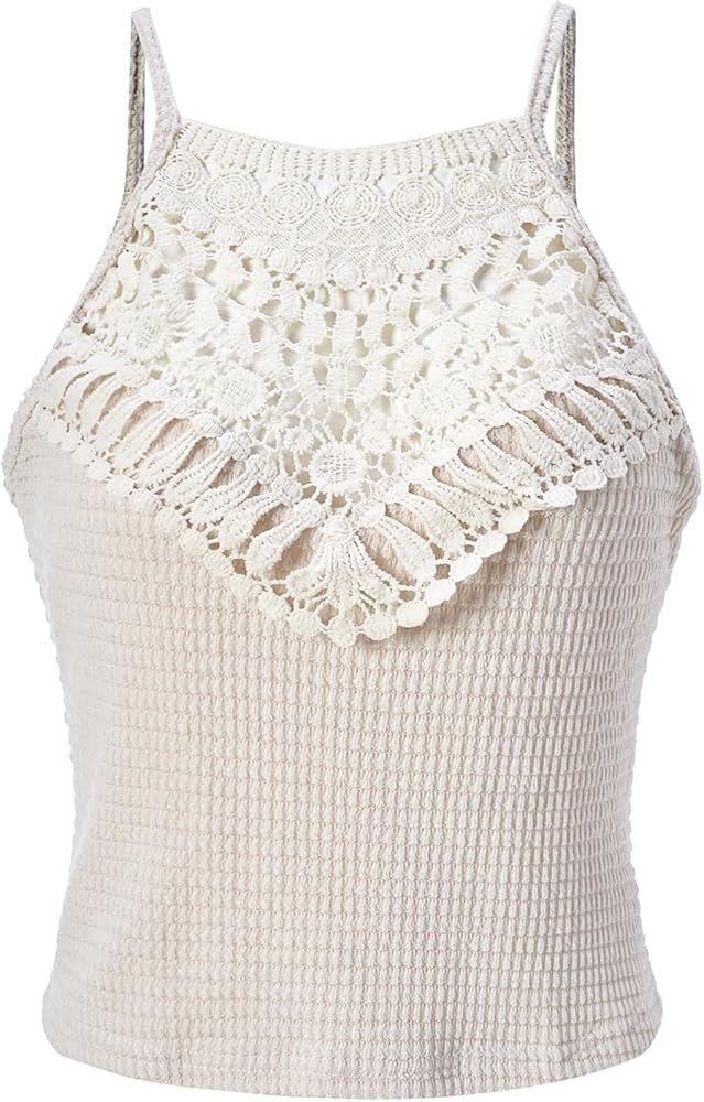 Women's Crochet Hollow Out Halter Crop Top Summer Lace Waffle Knit Tie Back Tops Beach Vacation C... | Amazon (US)